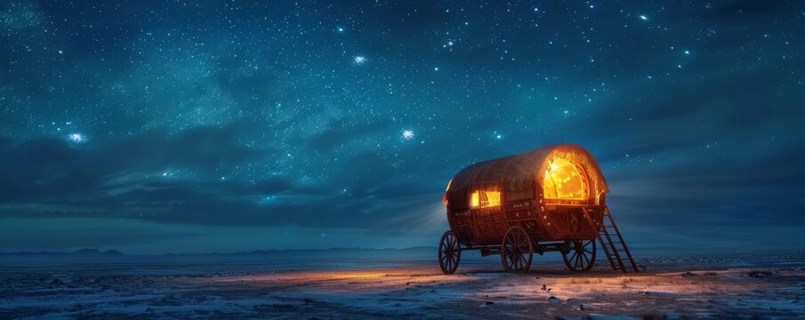 Gypsy caravan beneath the stars capturing nomadic lifestyle and dreamlike travel under a night sky.