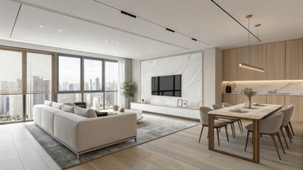 Modern Living Room Design Urban High-Rise Apartment Interior Photography Bright Atmosphere Wide-Angle View Contemporary Style