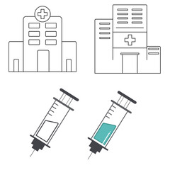 병원과 주사기(라인+의료+치료+의사+병)