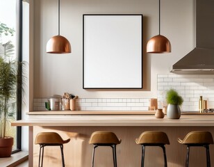 Light kitchen interior with bar seats and countertop. Mockup frame