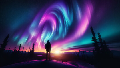 Naklejka premium Stunning Auroras Illuminate The Sky Above A Figure.