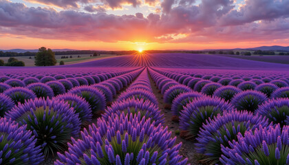 Obraz premium Dreamy lavender field at sunset, purple flowers illuminating horizon