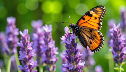 Obraz premium Butterfly resting on lavender flowers against green backdrop, nature's beauty