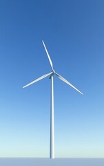 Fototapeta premium A single wind turbine standing tall in the middle of an expansive green field under a clear blue sky.