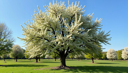 Lush apple tree in full bloom under bright daylight, spring beauty