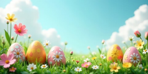 Delightful Easter Eggs Nestled in a Vibrant Spring Meadow with Blooming Flowers