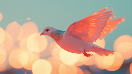 White dove in flight at sunset, bokeh background.