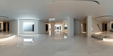 Full 360 degrees seamless spherical panorama HDRI equirectangular projection of modern black and white studio. Texture environment map for lighting and reflection source rendering 3d scenes.