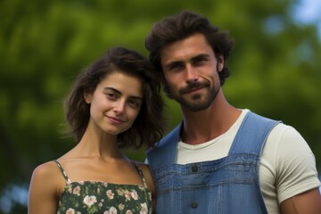 Obraz premium A man and a woman are posing for a picture in a park