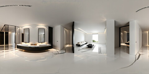 Full 360 degrees seamless spherical panorama HDRI equirectangular projection of modern black and white studio. Texture environment map for lighting and reflection source rendering 3d scenes.