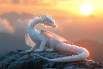 A white winged dragon sits on top of a cliff at sunset. The dragon is the most popular symbol of...