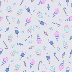 Handmade vector illustration for cafe design. Seamless pattern of cakes, sweets, ice-creams. Doodle style.