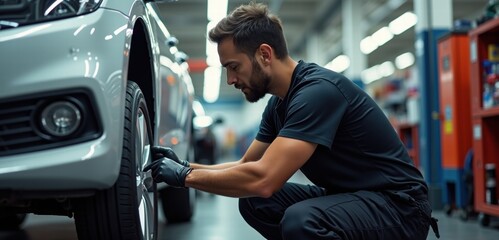 A mechanic working on a cars tire in an auto repair shop, showcasing professionalism and skills in vehicle maintenance.