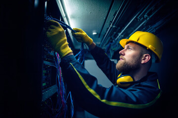 Skilled Electrician in Uniform Repairing Electrical Panel with Wires