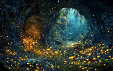 A deep cave with glowing fungi and fireflies lighting up the darkness