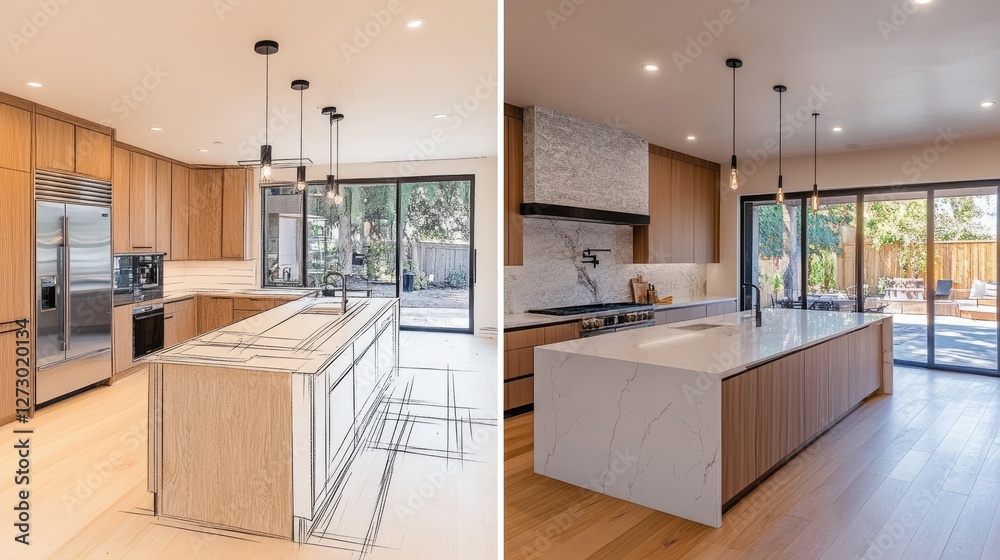 Poster a before-and-after slider showcasing the pencil design sketch of a kitchen, followed by the complete