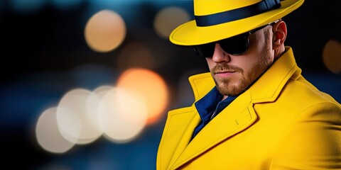 man wearing bright yellow pea coat and wide-brimmed hat