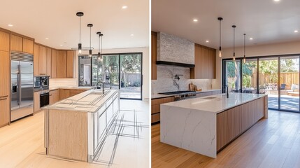 Fototapeta premium A before-and-after slider showcasing the pencil design sketch of a kitchen, followed by the completed custom kitchen with modern features and sleek finishes.