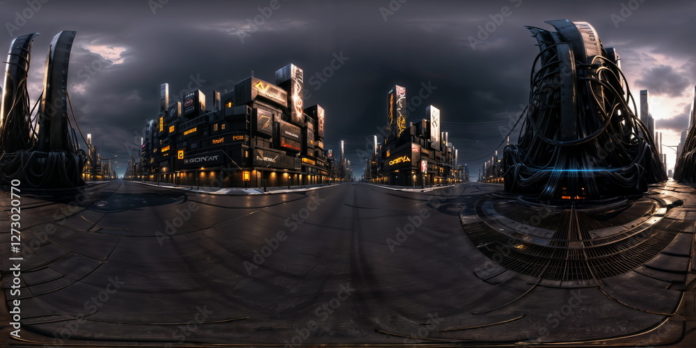 Wall mural full 360 degrees seamless spherical panorama hdri equirectangular projection of cyberpunk night city