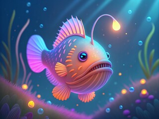 Fototapeta premium A 3D anglerfish swimming in a dreamlike, beautifully lit underwater scene.