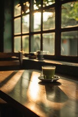 Product photo of Matcha Latte, brewed coffee, close-up view, on slate surface, isolated on white background. studio lighting.	
