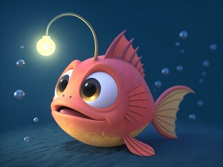 Cute 3D cartoon anglerfish with glowing lure in vibrant colors.