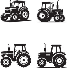 Set of Four Tractor Silhouettes - Agricultural Machinery Icons