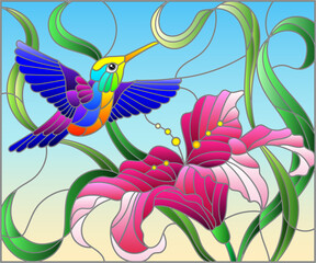 Illustration in stained glass style with bright Hummingbird against the sky, foliage and flower of Lily