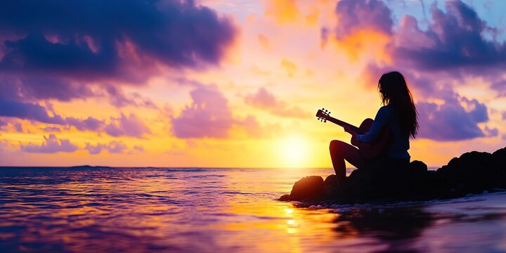 woman playing guitar on the beach - Powered by Adobe
