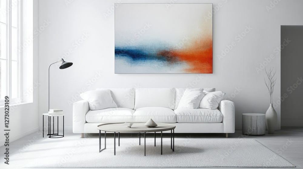 Poster a clean and minimalist living room with a white sofa and bold abstract artwork, combining elegance a