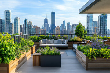 Fototapeta premium A rooftop garden with a view of the city skyline, showcasing green terraces, sustainable planters, and cozy seating for urban dwellers