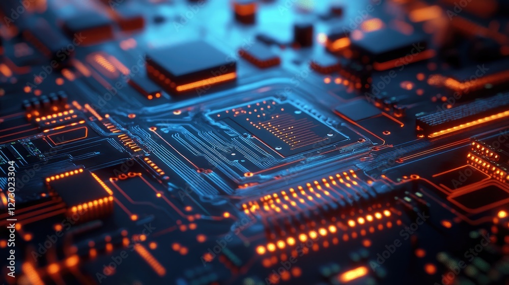 Poster a close-up of a futuristic circuit board with glowing digital elements, illustrating the power of ad