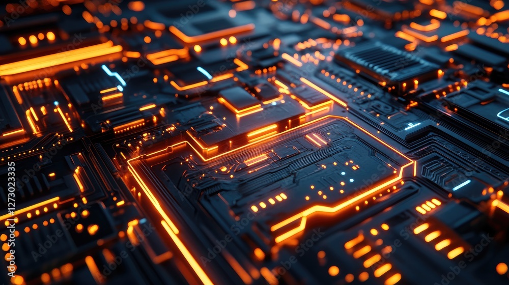 Poster a close-up of a futuristic circuit board with glowing digital elements, illustrating the power of ad