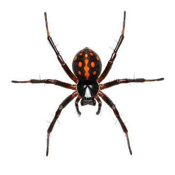 Angled view full body shot of an extremely perfect looking single redback spider isolated on a white transparent background
