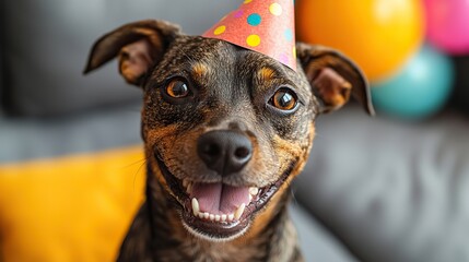 playful dog wearing a party hat enjoying a festive celebration isolated on a bright background perfect for joyful event themes and pet friendly design projects