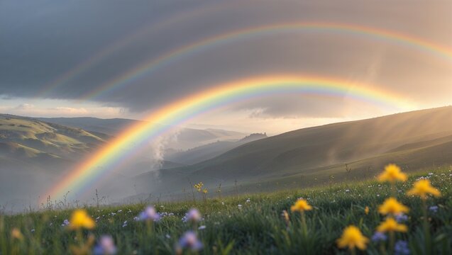 Triple Rainbow Over Green Fields