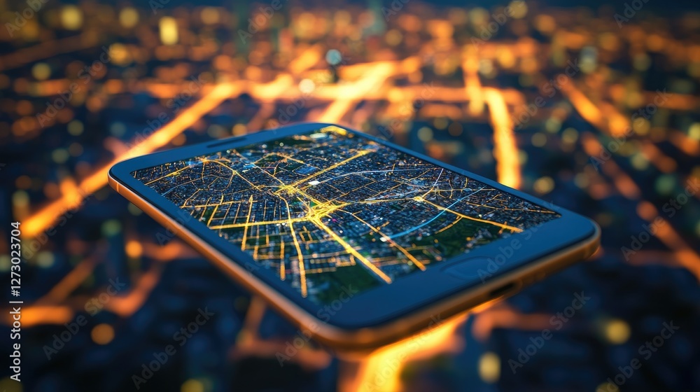 Aufkleber a close-up of a smartphone showing a gps map of a city at night, with the illuminated city streets v
