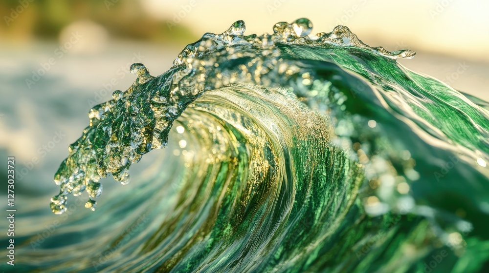 Poster a close-up of a vibrant green wave with water droplets, beautifully highlighted against a soft bokeh