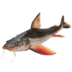 Obraz premium Angled view full body shot of an extremely perfect looking single redtail catfish isolated on a white transparent background