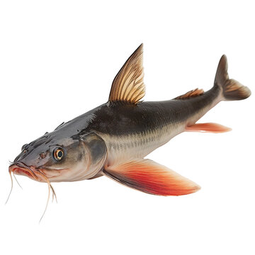 Angled view full body shot of an extremely perfect looking single redtail catfish isolated on a white transparent background