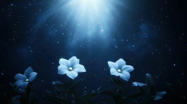 Celestial blooming night glowing moonflowers in a starry garden nature magical atmosphere enchanted viewpoint
