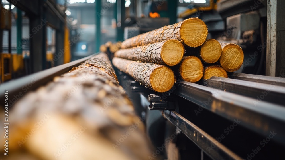 Poster a close-up of logs being transported on a conveyor belt in a lumber processing plant, highlighting t