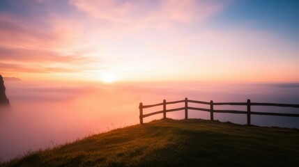 Fototapeta premium Serene coastal sunrise cliffside location landscape photography misty environment tranquil viewpoint nature's beauty