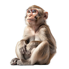 Angled view full body shot of an extremely perfect looking single rhesus macaque isolated on a white transparent background