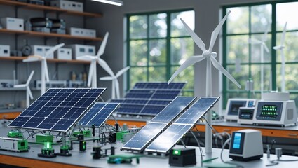 Fototapeta premium Models of Wind Turbines and Solar Panels in the Laboratory