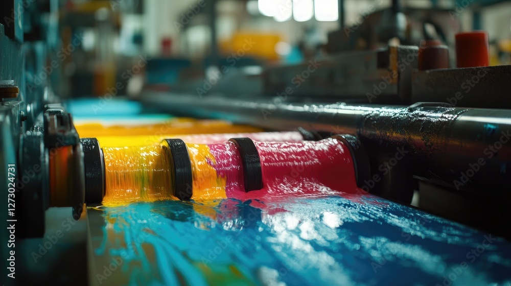 Poster a close-up view of vibrant ink flowing through printing rollers in an industrial setting, highlighti