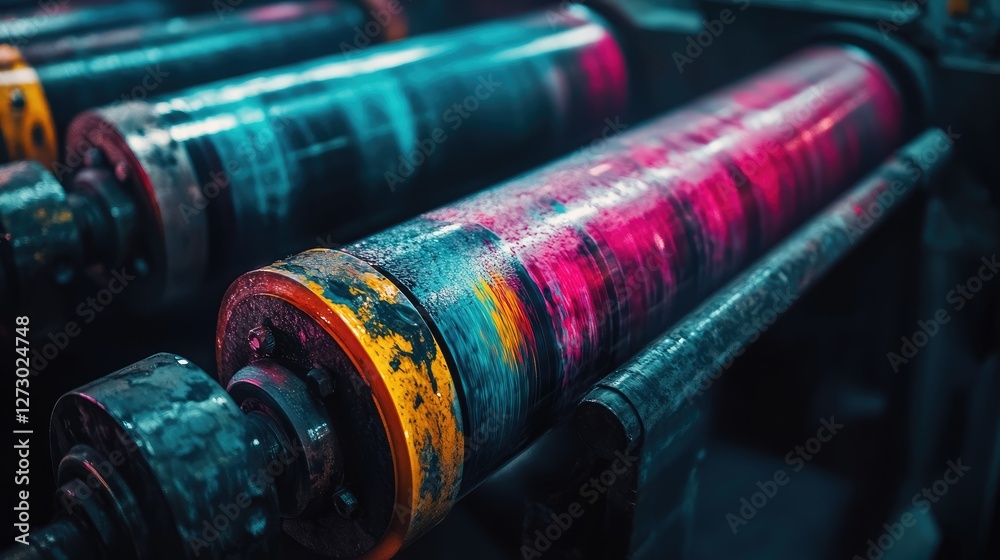 Poster a close-up view of vibrant ink flowing through printing rollers in an industrial setting, highlighti