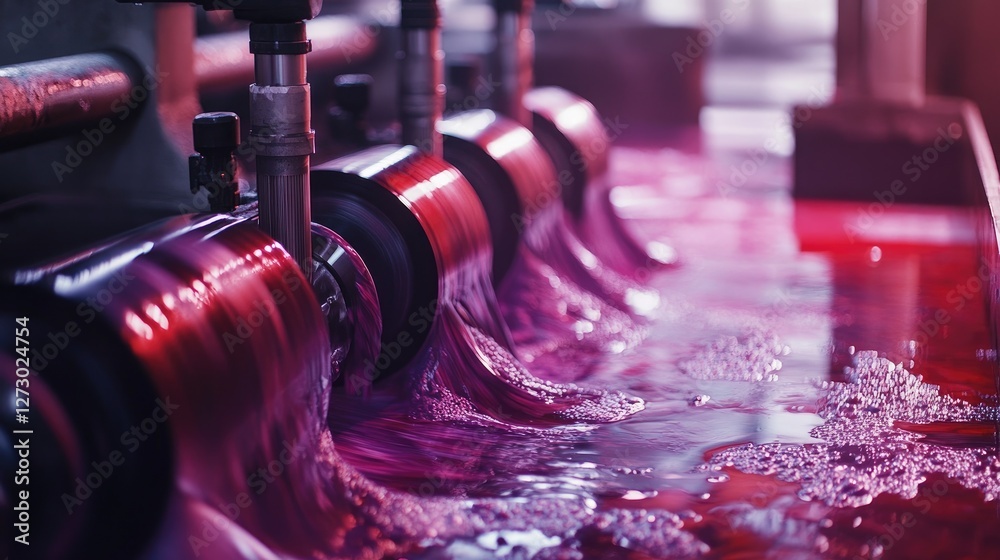 Poster a close-up view of vibrant ink flowing through printing rollers in an industrial setting, highlighti