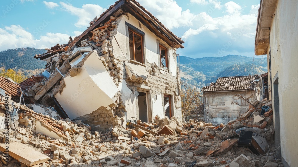 Poster a collapsed building in the aftermath of a powerful earthquake in a mountain village, with broken wi