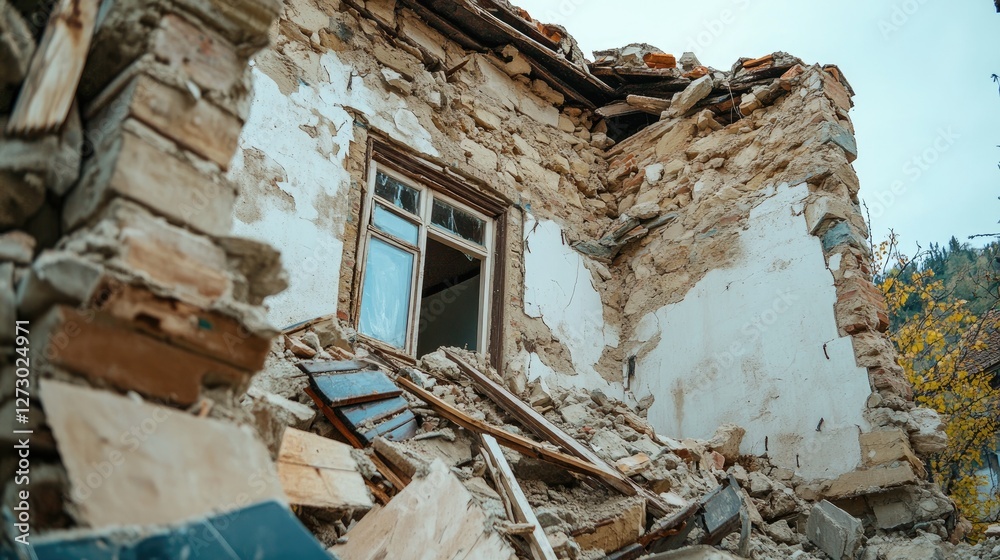 Poster a collapsed building in the aftermath of a powerful earthquake in a mountain village, with broken wi